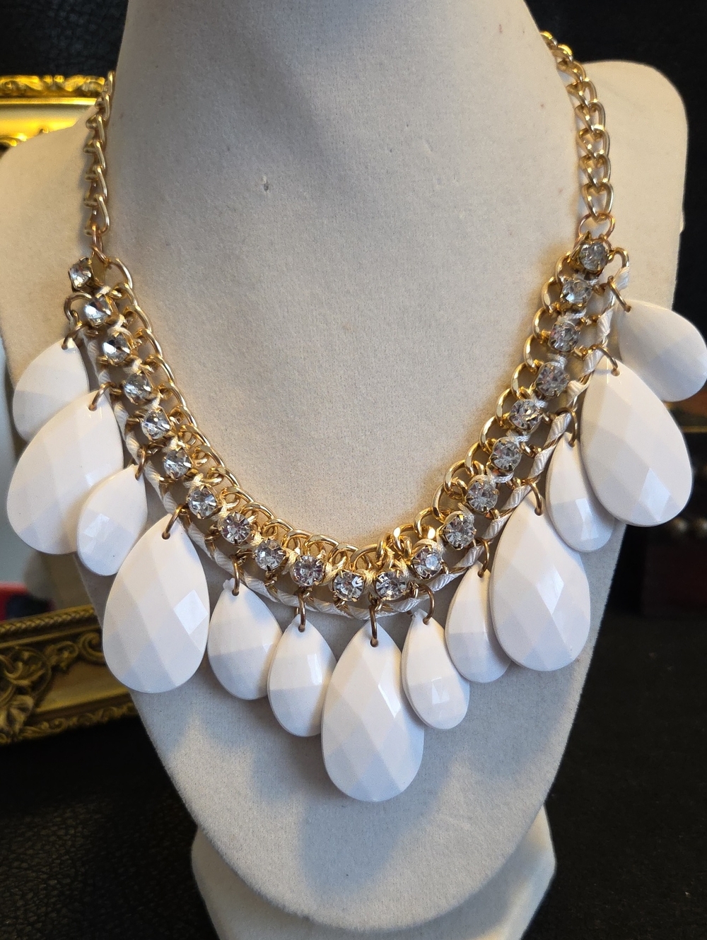 G By Guess Goldtone Chain Statement Necklace with White Teardrop Pendants